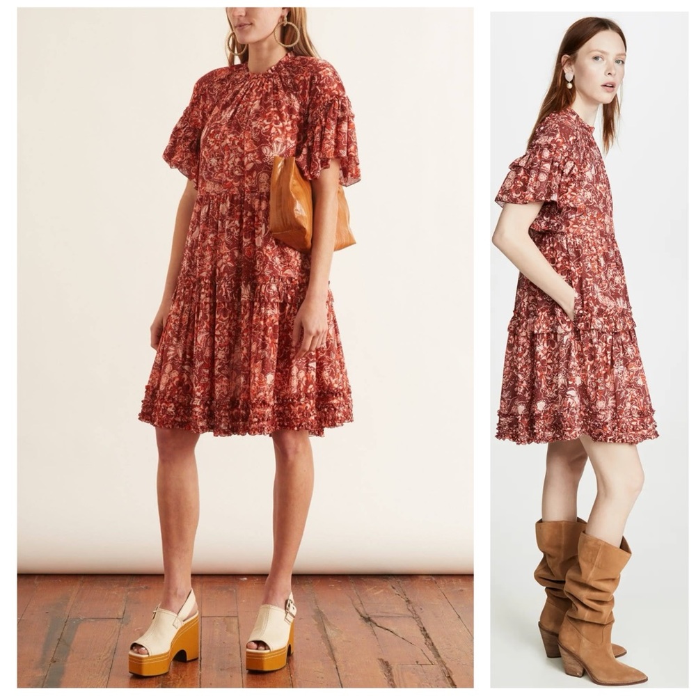 Ulla Johnson $495 Fawn Tiered Ruffle Cotton Red Mini Dress with Pockets S/M